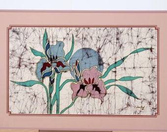 Amos Amit Traditional Floral Batik with Irises Original One of a Kind Artist Signed, Framed, Matted & ready to display