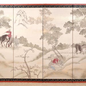 Japanese Byobu &quot;Kenja (Wise Men) Countryside&quot; Mid-20th Century 4-Panel Folding Screen Reproduction Print in Very Good+ condition