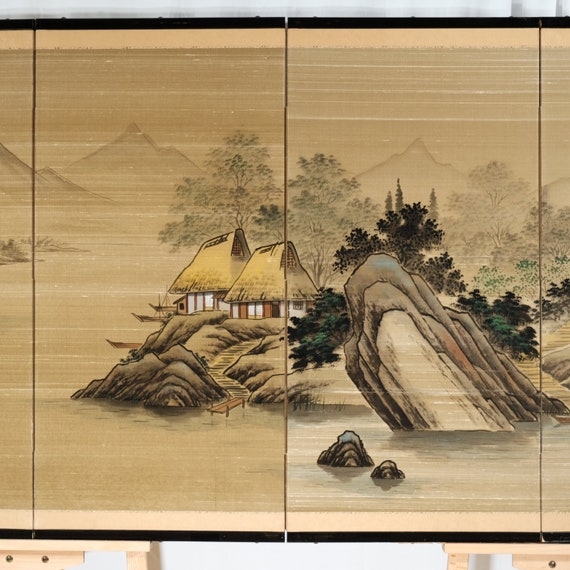 Japanese 4-panel Byobu Riverside Thatched Homes Hand Signed