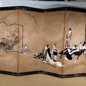 Japanese 6-Panel Byobu Tale of Genji Royal Court Byobu Hand Signed & Painted Restored Folding Divider Screen Late 19th Century Good +