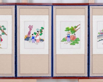 Japanese 4-Panel Byobu Traditional Countryside Life Hand Embroidered Folding Divider Screen Very Good + condition