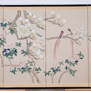 Mid 20th Century Antique Japanese Byobu 4 Panel Folding Screen Exquisitely printed featuring Birds, Trees and  Blossoms in Very Good ++