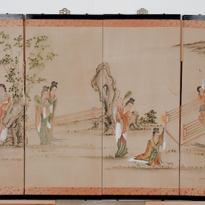 Antique Japanese Byobu 4-Panel Folding Screen Royal Maidens in Courtyard ~ Fair Condition ~ needs restoration work, one ten inch Screen Tear