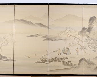 Mid 20th Century Japanese Byobu "A Lunch Gathering in Nature" Signed Chopmarked 4-Panel Silk Screen in Excellent Condition