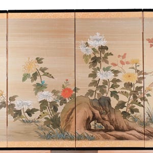 Japanese Byobu &quot;Flowering Stump&quot; on the 4-Panel Folding Screen Golden Silk Background