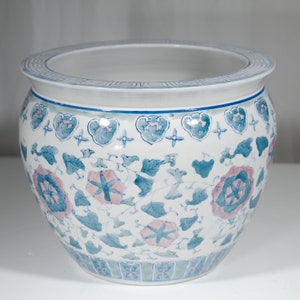 Vintage Fish Bowl Very Good + Asian Soft Blue, White and Pink Hand Painted Ceramic