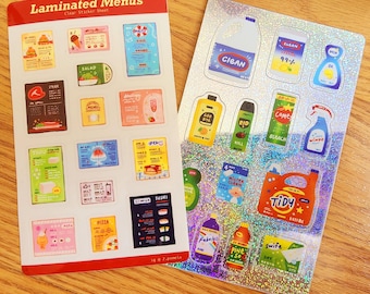 Assorted Sticker Sheets | 3x5 inches | Waterproof | Laminated Menu or Cleaning Supplies