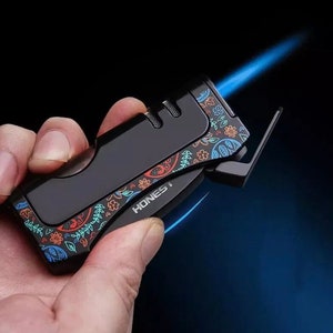 Cigar Lighter Multi-Functional Cigar Accessories Torch Lighters Quadruple 4  Jet Flame Refillable Butane Lighter Gadgets for Men Gift Ideas Empty  without gas (Black) 