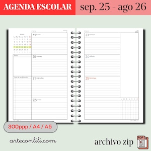 Puede incluir: Una agenda escolar con espiral con un interior blanco, que presenta un diseño semanal con secciones con líneas para cada día. La agenda incluye el texto "AGENDA ESCOLAR sep. 25 - ago 26" y el sitio web "arteconlili.com".