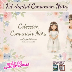 Kit Primera Comunión Niña – Colección Acuarela Digital Scrapbooking – 33 Papeles JPG y PDF Imprimibles, Tarjetas e Invitaciones – Español