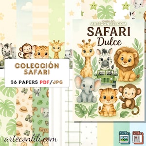 Colección Safari Dulce – 36 Papeles Digitales para Scrapbooking Infantil PDF/JPG – Animales Tiernos del Safari – Jungle Baby Clipart