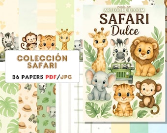 Colección Safari Dulce – 36 Papeles Digitales para Scrapbooking Infantil PDF/JPG – Animales Tiernos del Safari – Jungle Baby Clipart