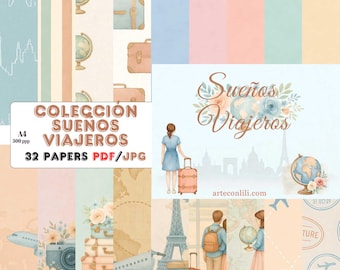 Sueños Viajeros – Papeles digitales A4 de viaje | 32 archivos JPG y PDF para scrapbooking y journaling