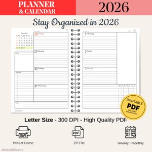 Puede incluir: Un planificador y calendario imprimible de 2026 con encuadernación en espiral. Las páginas abiertas muestran un diseño semanal con espacio para notas y listas de verificación. El texto "Stay Organized in 2026" está en la parte superior.