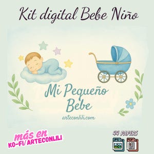 Kit de scrapbooking numérique pour bébé garçon – 44 feuilles imprimables en PDF et JPG – Motifs de scrapbooking mignons – Espagnol