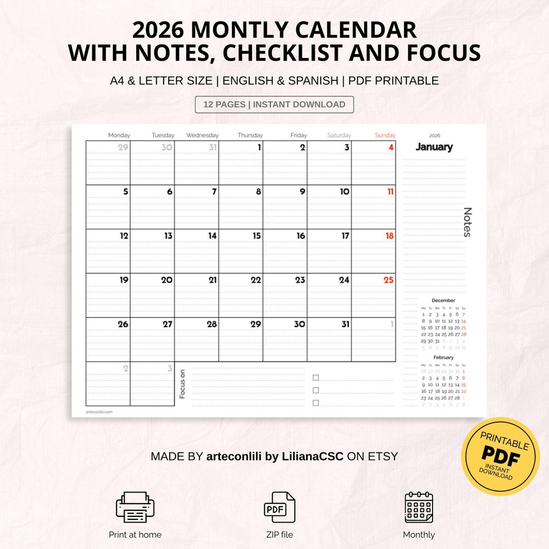 2026 Monthly Calendar Planner PDF Printable | A4 + Letter | Monday ...