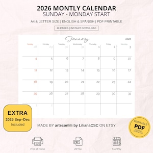 Peut inclure: Calendrier mensuel imprimable 2026 avec début dimanche-lundi, aux formats A4 et Lettre. Le calendrier comprend janvier 2026, avec des mois supplémentaires de septembre à décembre 2025. Disponible en anglais et en espagnol.