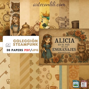 Colección Steampunk Alicia País Engranajes – 38 Papeles Digitales Scrapbooking PDF JPG A4 Horizontal | Arte Vintage para Imprimir - Español