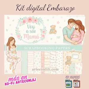 Kit de Scrapbooking para Gravidez – 42 papéis digitais JPG/PDF para diário de maternidade, anotações, cliparts de ultrassom e mala de hospital espanhola