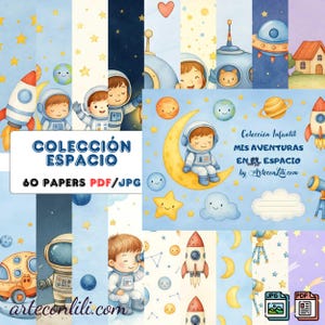 Colección Scrapbooking Espacio Infantil – 60 Papeles Digitales A4 Horizontal, Diecuts, Básicos | PDF/JPG | Scrap Digital Niños | Arteconlili