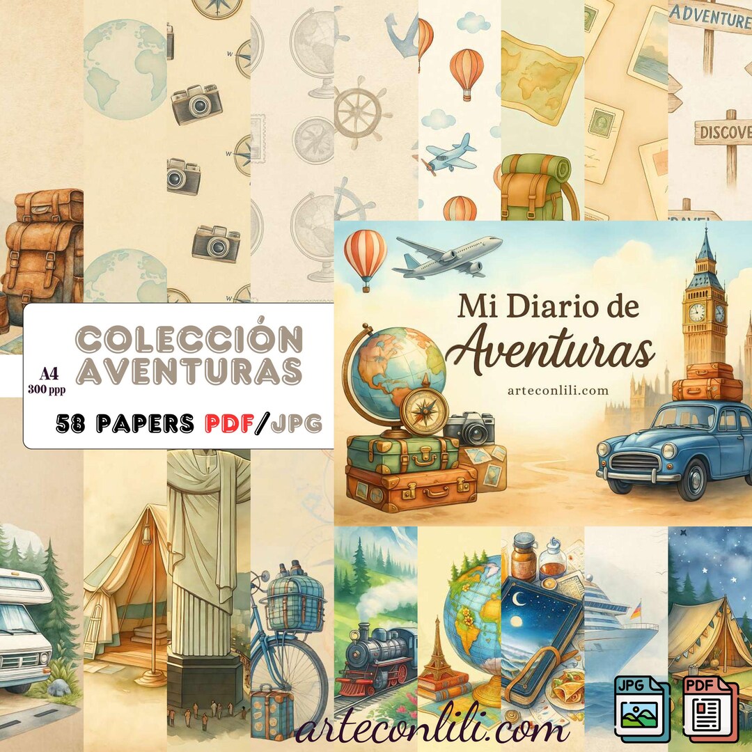 Digital Travel Scrapbook Paper Pack – My Adventure Diary | 58 A4 JPG ...