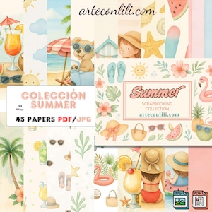 Colección Verano Scrapbooking Digital – Summer – 45 Papeles A4 JPG/PDF | Alta Resolución 300ppp | Manualidades, Tarjetas, Decoración
