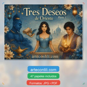 Puede incluir: Ilustración digital titulada "Tres Deseos de Oriente" que presenta a una mujer con un vestido azul, un hombre sosteniendo una lámpara y un genio azul. La obra tiene una temática oriental con detalles dorados y el texto "arteconlili.com".