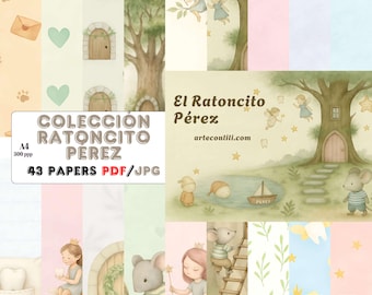 Puede incluir: Una colección de papeles digitales con un tema de cuento de hadas caprichoso. Los papeles presentan ilustraciones de hadas, puertas, árboles y un ratón. Se muestra el texto "COLECCION RATONCITO PEREZ", junto con "43 PAPERS PDF/JPG".