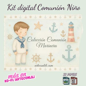 Kit Primera Comunión Niño – Colección Marinera Digital para Scrapbooking – 33 Papeles JPG y PDF Imprimibles Albúm de recortes - Español