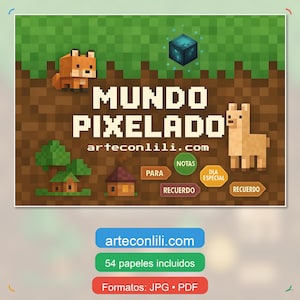 May include: A pixel art design featuring a fox, llama, houses, and trees. The image includes the text "MUNDO PIXELADO" and "arteconlili.com". Additional text indicates "54 papers included" and "Formats: JPG • PDF".