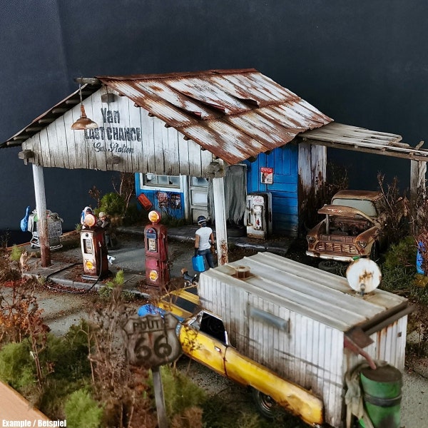 Alte Amerika Tankstelle 1:24 Gas Station - Laser Cut Bausatz aus Holz für Diorama / Modellbau zum selberbauen