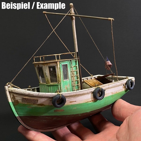 Fischerboot 1:48 aus Holz zum selberbauen - Laser Cut Modellbausatz für Diorama - hochwertige Miniatur zum Basteln