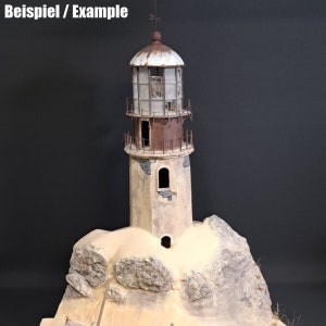 May include: A weathered, white and brown lighthouse model on a sandy base with rocks. The lighthouse has a metal roof and a window with a metal grate. The base is made of sand and rocks.