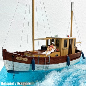 May include: A wooden model sailboat with a white hull and brown deck. The boat has a small cabin with windows and a ladder on the side. The boat is floating on blue water with white waves. The boat is labelled "Henriette".