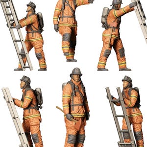 Peut inclure: Plusieurs figurines de pompiers en tenue de protection orange, casques et bouteilles d'oxygène. Certaines figurines grimpent à des échelles, d'autres pointent ou tiennent des outils. Les figurines sont détaillées et réalistes.