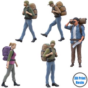 May include: Set of four 3D printed figurines of hikers wearing backpacks and carrying hiking gear. The figurines are posed in different walking positions. The text "3D Print Resin" is visible in the bottom right corner of the image.