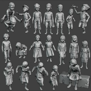 Könnte beinhalten: Eine Sammlung von 19 Miniaturfiguren von Kindern in verschiedenen Posen, einige mit Hüten und Gegenständen in der Hand. Die Figuren sind aus hellem grauen Material gefertigt und scheinen handbemalt zu sein.