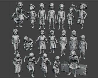 Puede incluir: Una colección de 19 figuras en miniatura de niños en varias poses, algunos con sombreros y sosteniendo objetos. Las figuras están hechas de un material gris claro y parecen estar pintadas a mano.