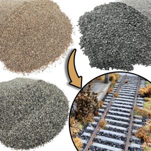Peut inclure: Image présentant des matériaux de modélisme ferroviaire. L'image montre des tas de gravier gris, brun et noir, ainsi qu'une maquette de voie ferrée avec ballast et végétation. Ces matériaux sont probablement utilisés pour créer des paysages miniatures réalistes.