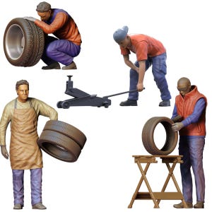 Männer wechseln Reifen - Resin Figuren Set - 4 Stück - 1:24, 32, 35, 48, 72, 87 - Modellbau & Diorama Miniaturen Zubehör - 3D Druck