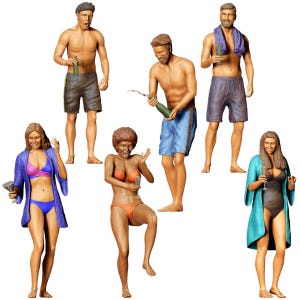 May include: A collection of miniature figurines depicting people in beach attire. The figures include men in swim trunks and women in bikinis and robes, some holding drinks and bottles. The color palette includes shades of blue, orange, and brown.