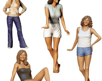 Mujeres sexys posando junto a un coche - Set de miniaturas de resina - 4 piezas - Escalas 1:24, 32, 35, 48, 72, 87 - Accesorios para figuras de modelismo y dioramas - Impresión 3D