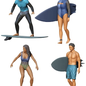 Puede incluir: Cuatro figuras de surfistas en varias poses. Uno está surfeando, dos sostienen tablas de surf y uno camina. Las figuras visten trajes de baño y trajes de neopreno en tonos de azul, negro y gris. Las tablas de surf son azules.