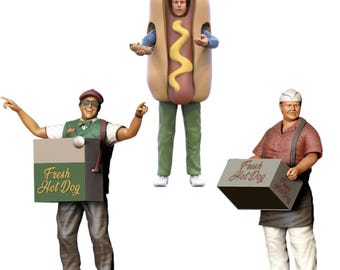 Vendedor de perritos calientes - Set de figuras de resina - 3 piezas - 1:24, 32, 35, 48, 72, 87 - Accesorios para miniaturas de modelismo y dioramas - Impresión 3D