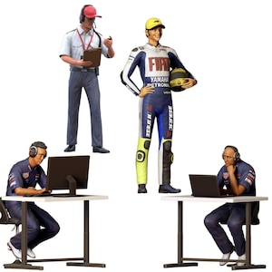 May include: Four miniature figurines depicting a racing theme. One figure wears a racing suit and holds a helmet. Two figures are seated at desks with computers, and the fourth figure wears a headset and holds a clipboard. The figures are on a white background.