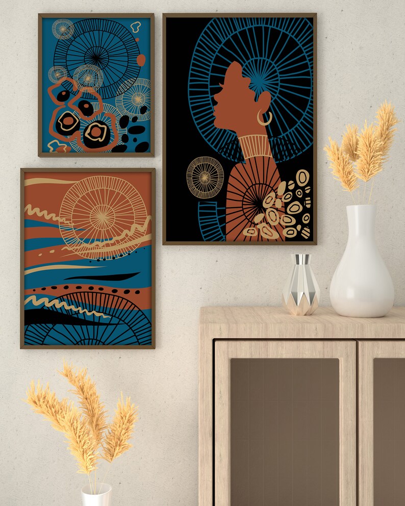 Abstract Ethnic Wall Art Set of 3 Boho Wall Art Black Etsy