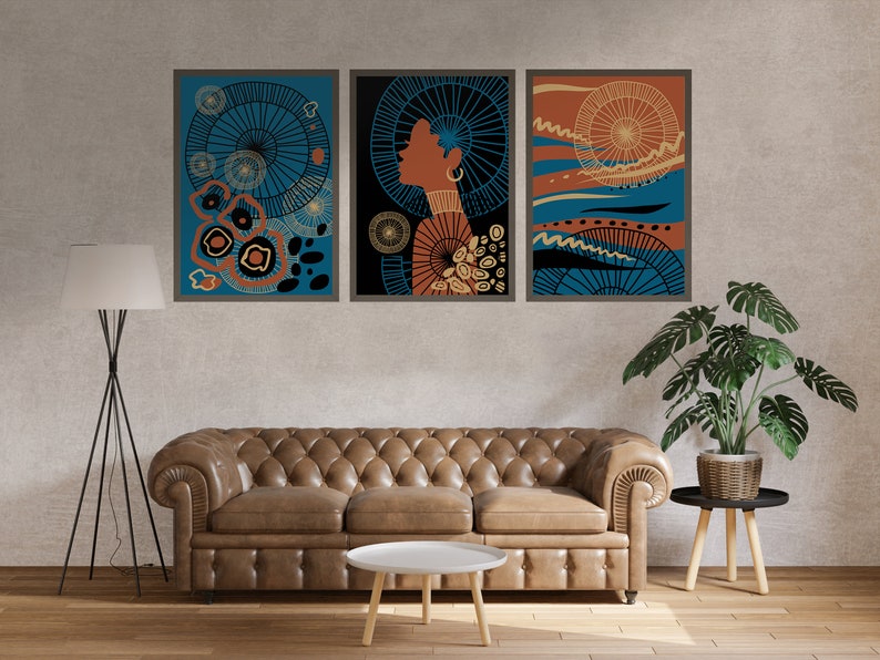 Abstract Ethnic Wall Art Set of 3 Boho Wall Art Black Etsy