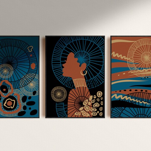 Abstract Ethnic Wall Art Set of 3 Boho Wall Art Black Etsy