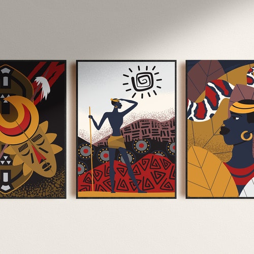 Abstract Ethnic Wall Art Set of 3 Boho Wall Art Black Etsy