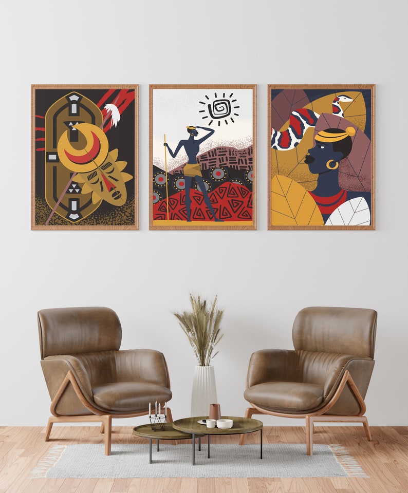 Black Ethnic Wall Art Set of 3 Black African Woman Art Etsy